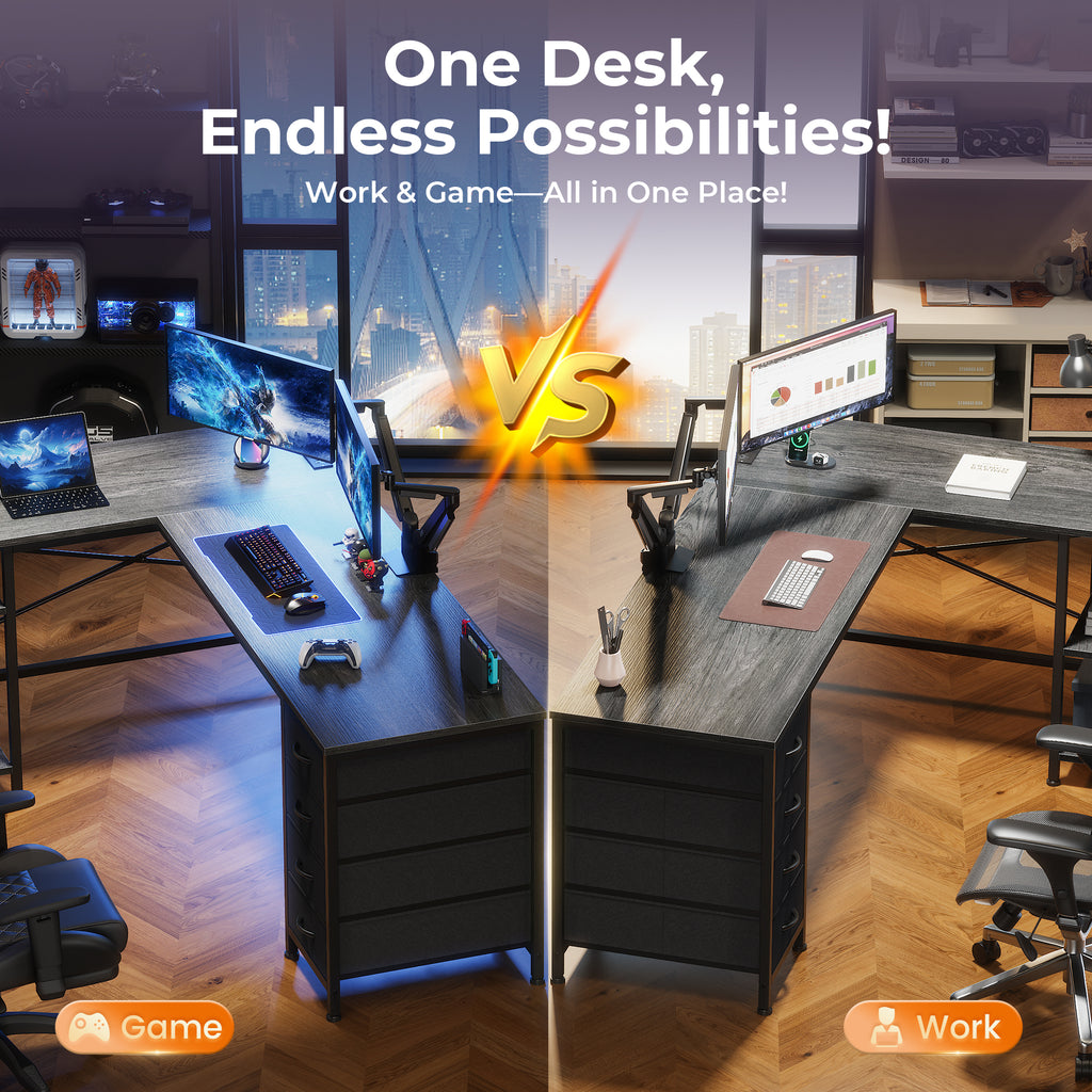 63 Inch L-Shaped Desk with Fabric Drawers, Reversible Home Office & Gaming Desk with Power Outlets, USB-C, and Adjustable Storage Shelves, Black