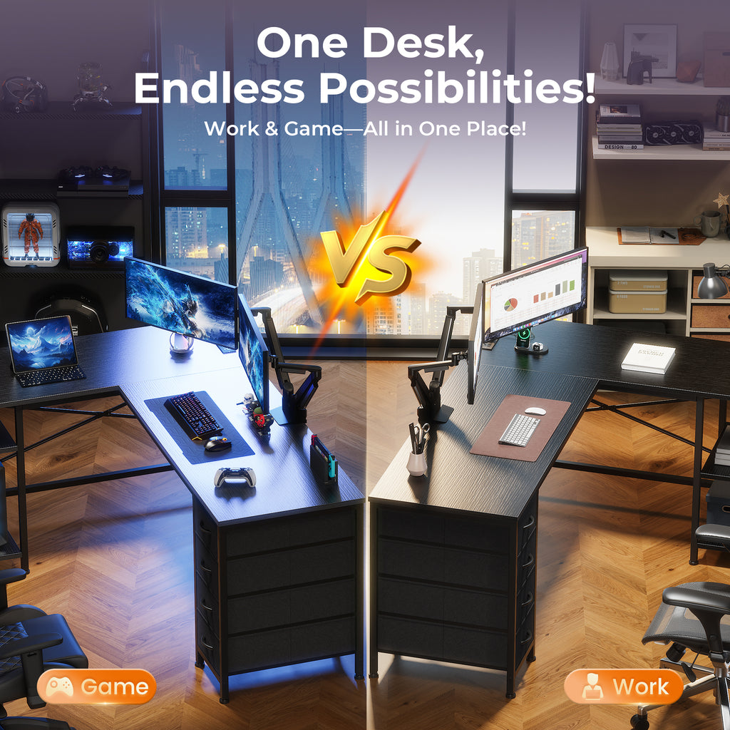 55 Inch L-Shaped Desk with Fabric Drawers, Reversible Home Office & Gaming Desk with Power Outlets, USB-C, and Adjustable Storage Shelves, Black