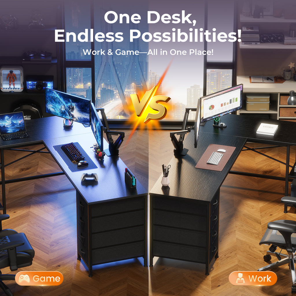 63 Inch L-Shaped Desk with Fabric Drawers, Reversible Home Office & Gaming Desk with Power Outlets, USB-C, and Adjustable Storage Shelves, Black