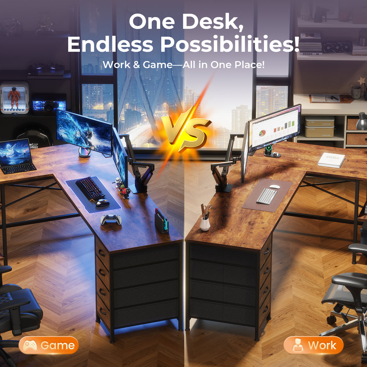 63 Inch L-Shaped Desk with Fabric Drawers, Reversible Home Office & Gaming Desk with Power Outlets, USB-C, and Adjustable Storage Shelves, Brown