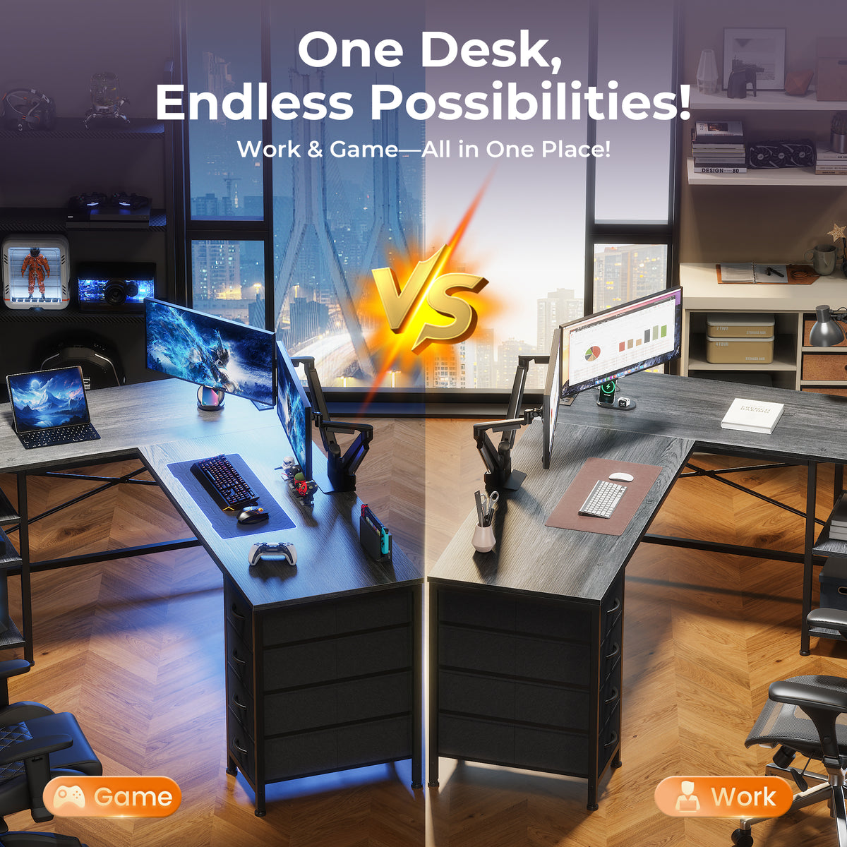 55 Inch L-Shaped Desk with Fabric Drawers, Reversible Home Office & Gaming Desk with Power Outlets, USB-C, and Adjustable Storage Shelves, Gray