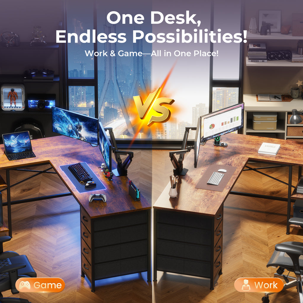 55 Inch L-Shaped Desk with Fabric Drawers, Reversible Home Office & Gaming Desk with Power Outlets, and Adjustable Storage Shelves