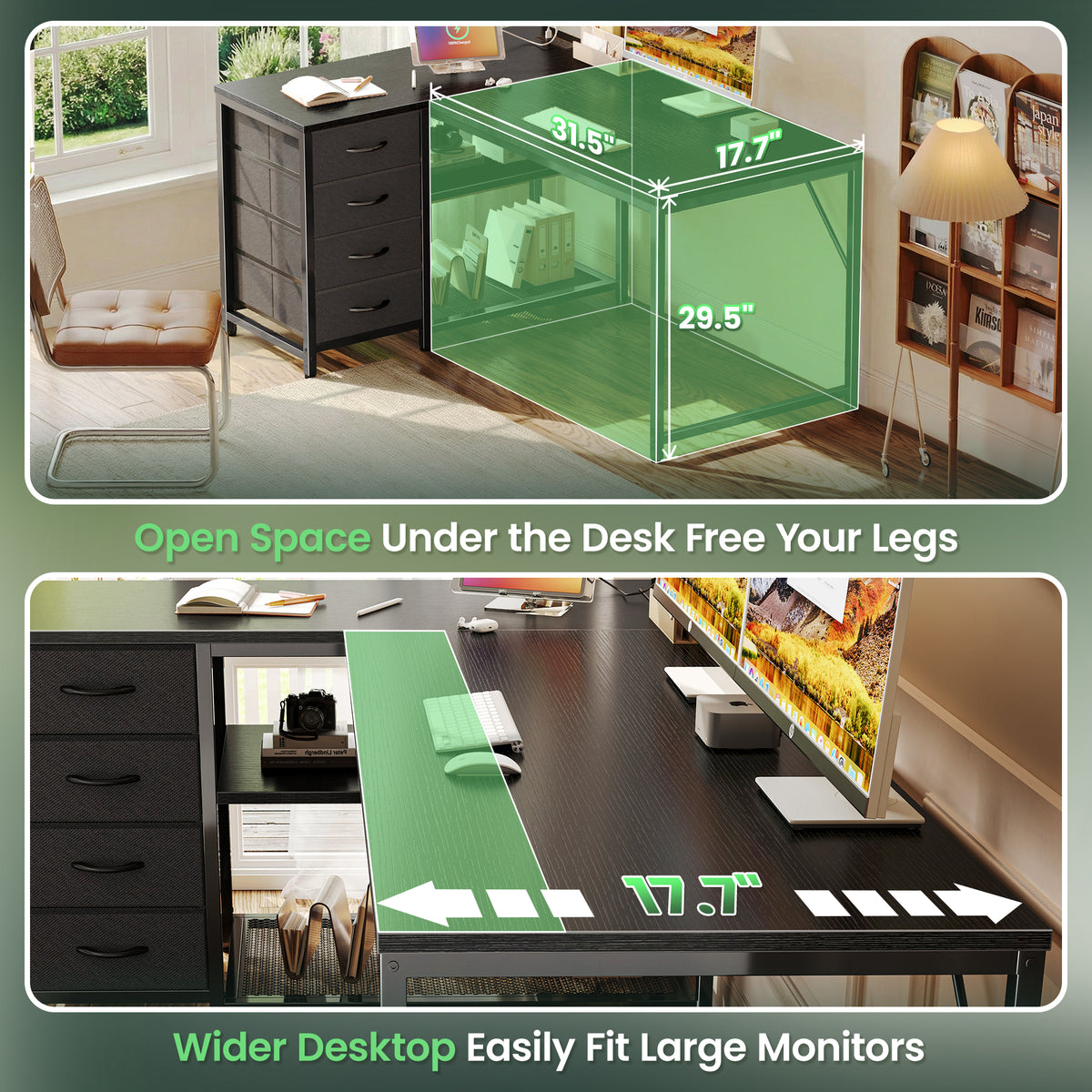 Amadwell 43 Inch L Shaped Desk with Power Outlets & Drawers, Reversible L-Shape Computer Desk, Black