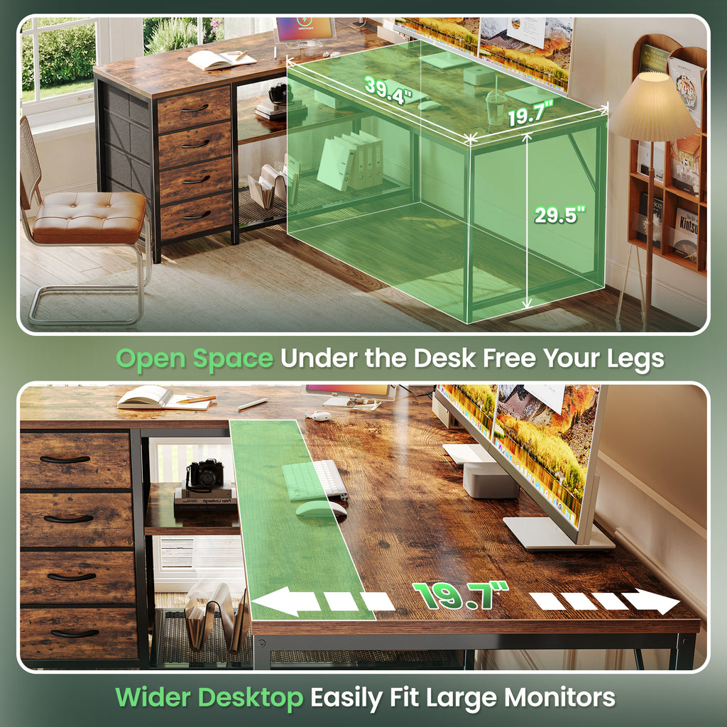 Amadwell 53 Inch L Shaped Desk with Power Outlets & Drawers, Reversible L-Shape Computer Desk, Brown