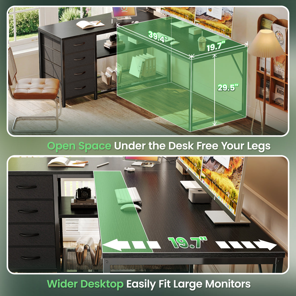 Amadwell 53 Inch L Shaped Desk with Power Outlets & Drawers, Reversible L-Shape Computer Desk, Black