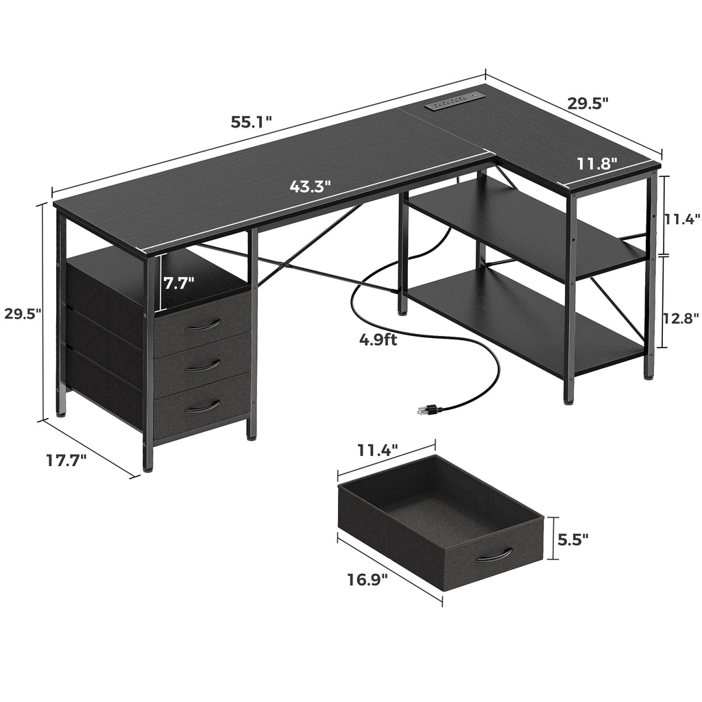 54 Inch L Shaped Office Desk with Power Outlets, Computer Desk with Drawers, Corner Desk for Home Office, Black