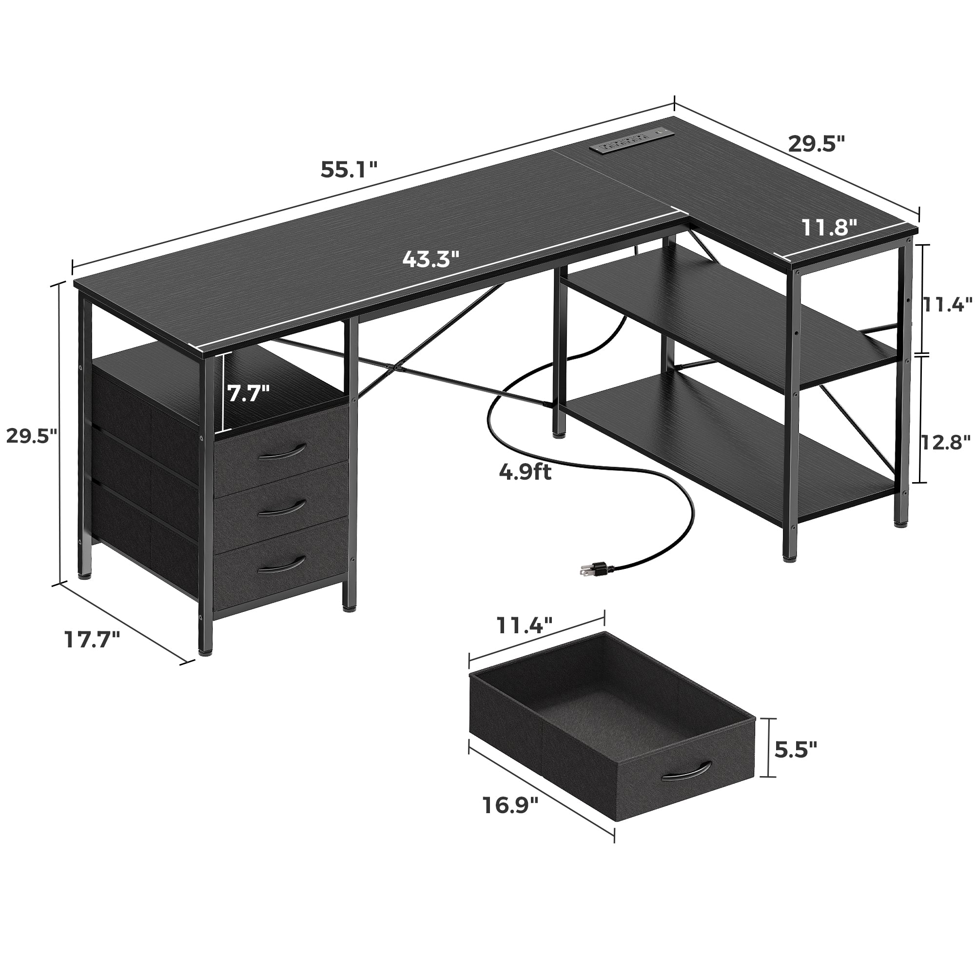 54 Inch L Shaped Office Desk with Power Outlets, Computer Desk with Drawers, Corner Desk for Home Office, Black