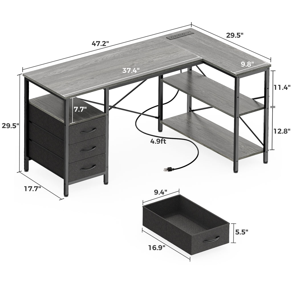 47 Inch L Shaped Office Desk with Power Outlets, Computer Desk with Drawers, Corner Desk for Home Office, Grey
