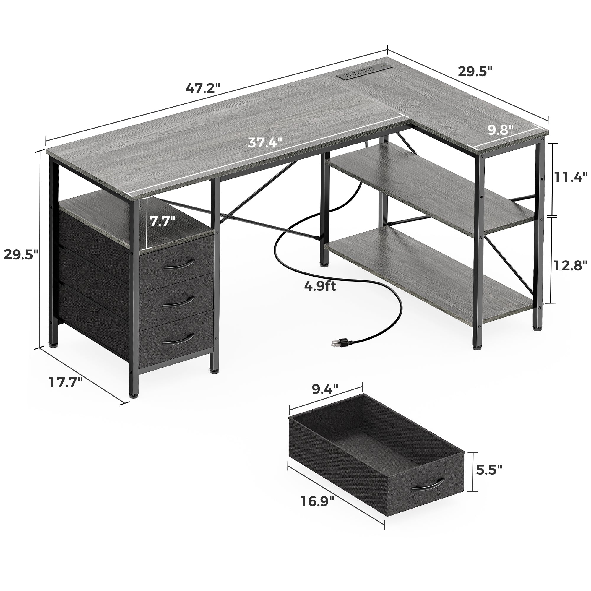 47 Inch L Shaped Office Desk with Power Outlets, Computer Desk with Drawers, Corner Desk for Home Office, Grey