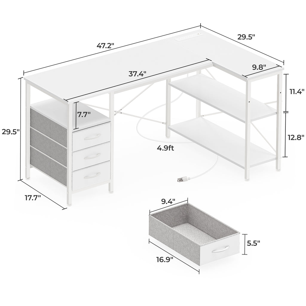 47 Inch L Shaped Office Desk with Power Outlets, Computer Desk with Drawers, Corner Desk for Home Office, White