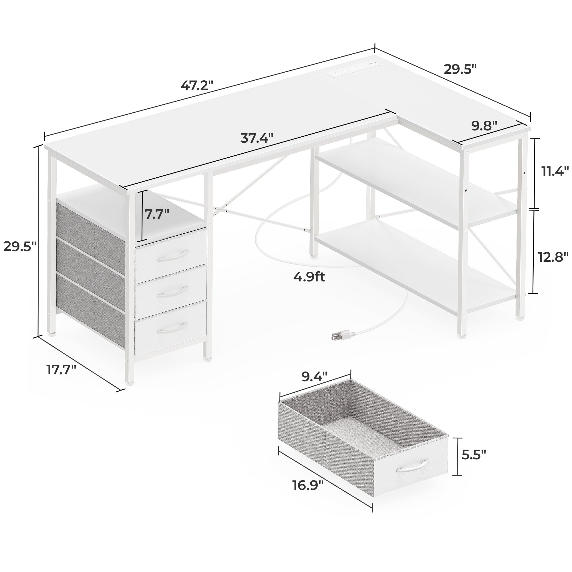 47 Inch L Shaped Office Desk with Power Outlets, Computer Desk with Drawers, Corner Desk for Home Office, White