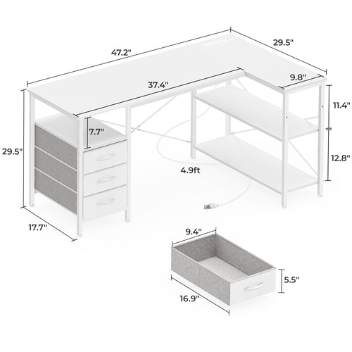 47 Inch L Shaped Office Desk with Power Outlets, Computer Desk with Drawers, Corner Desk for Home Office, White