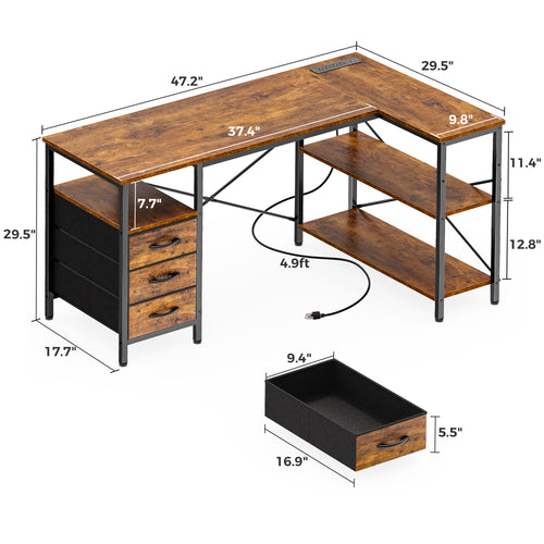 54 Inch L Shaped Office Desk with Power Outlets, Computer Desk with Drawers, Corner Desk for Home Office, Rustic Brown