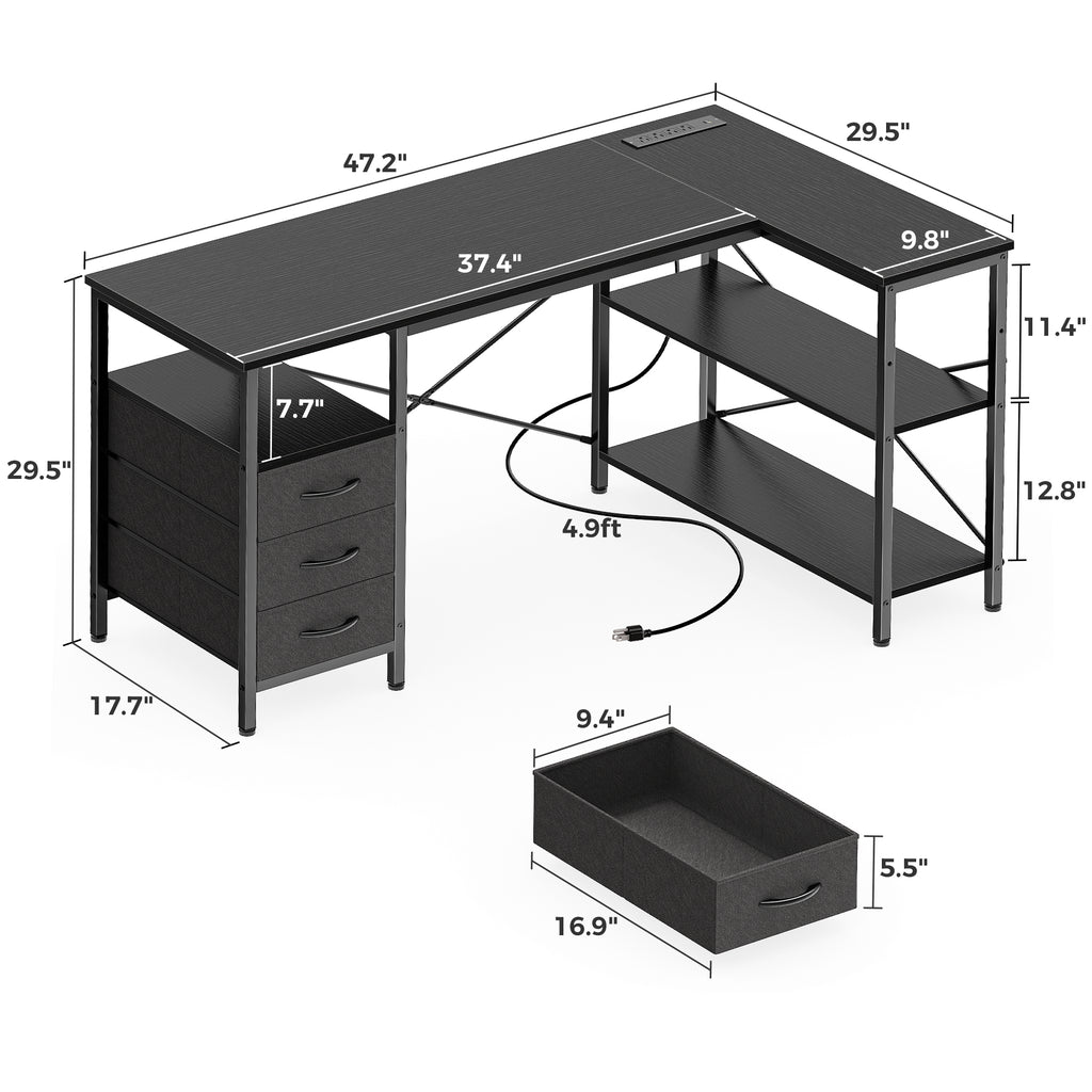 47 Inch L Shaped Office Desk with Power Outlets, Computer Desk with Drawers, Corner Desk for Home Office, Black