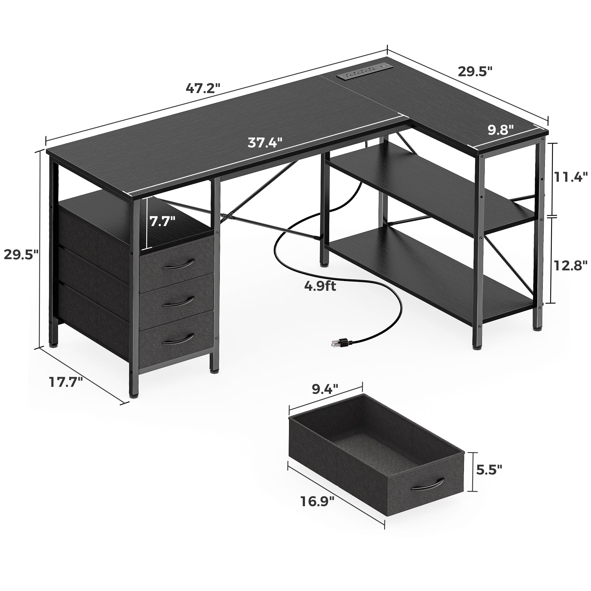 47 Inch L Shaped Office Desk with Power Outlets, Computer Desk with Drawers, Corner Desk for Home Office, Black