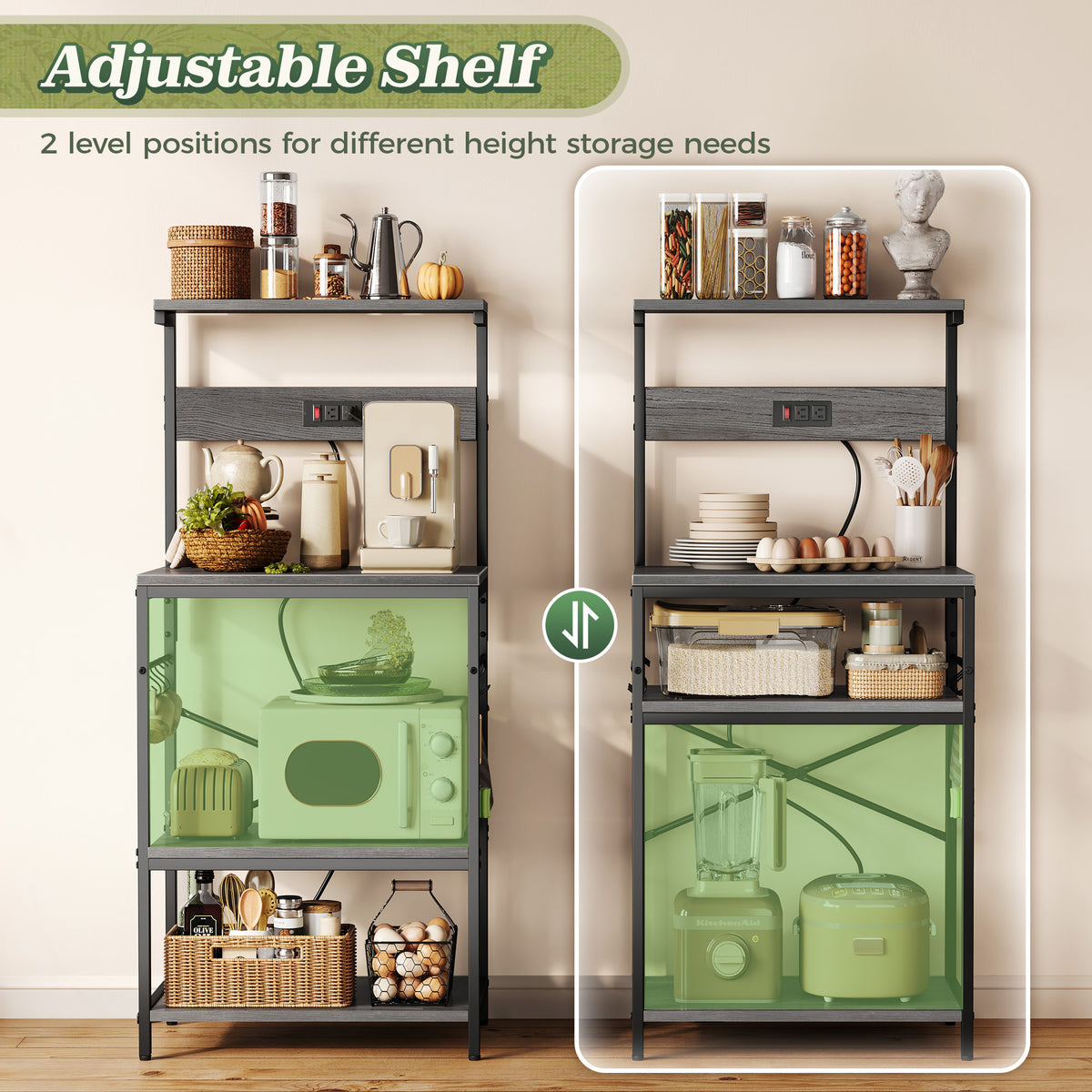Amadwell 4-Tier Kitchen Storage Shelf Organizer Bakers Rack with Power Outlets, Coffee Bar & Microwave Stand, Gray