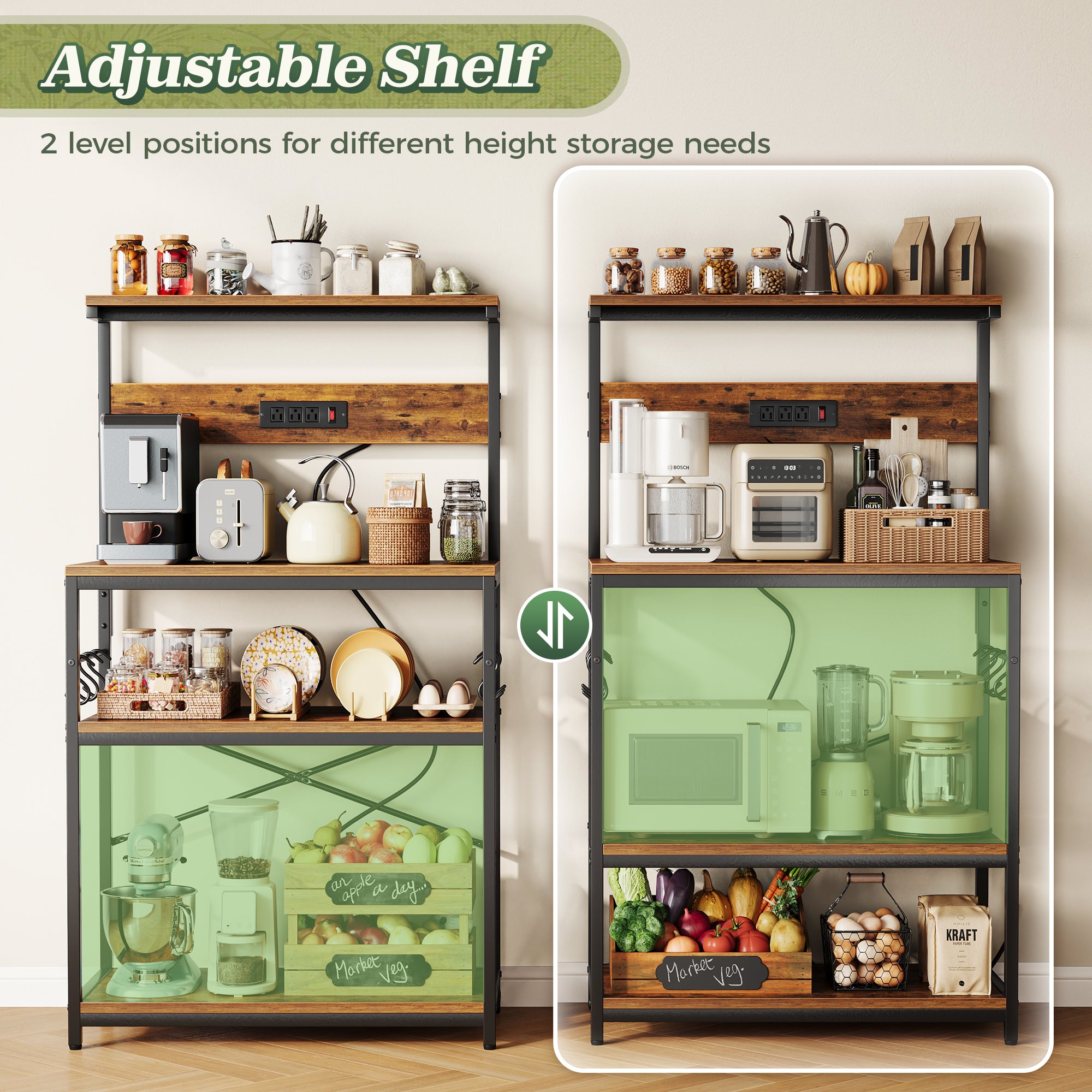 Amadwell Kitchen Bakers Rack with Power Outlets, 31.5" Large Microwave Stand, Coffee Bar Station, Brown