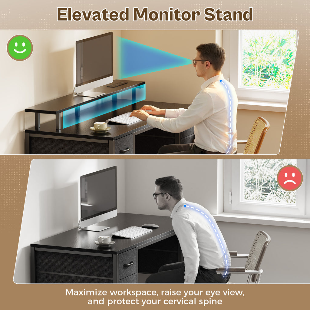 Amadwell 47" Gaming Computer Desk with LED Lights, Power Outlets, Home Office Writing Desk with 4 Drawers, Black