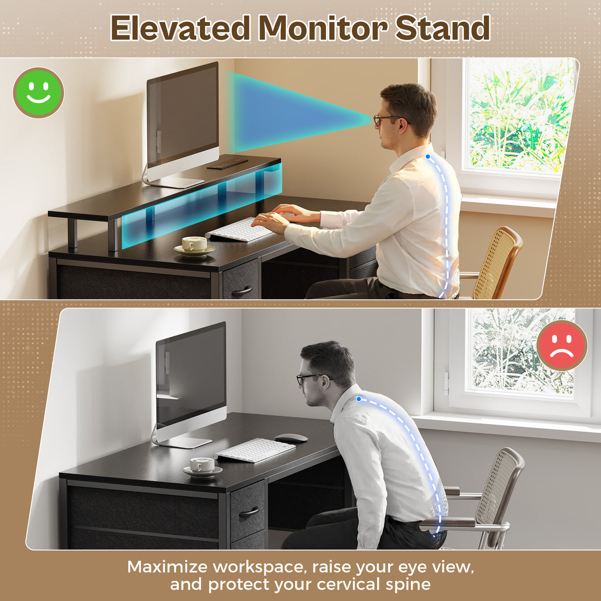 Amadwell 47" Gaming Computer Desk with LED Lights, Power Outlets, Home Office Writing Desk with 4 Drawers, Black