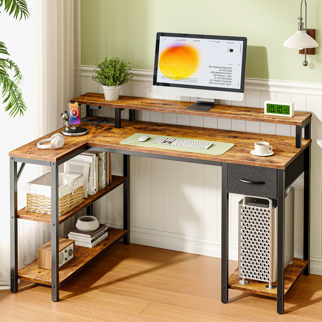 Amadwell 47 Inch L Shaped Desk with LED Strip, Corner Gaming Desk with Power Outlet, Drawer & Shelves, Brown