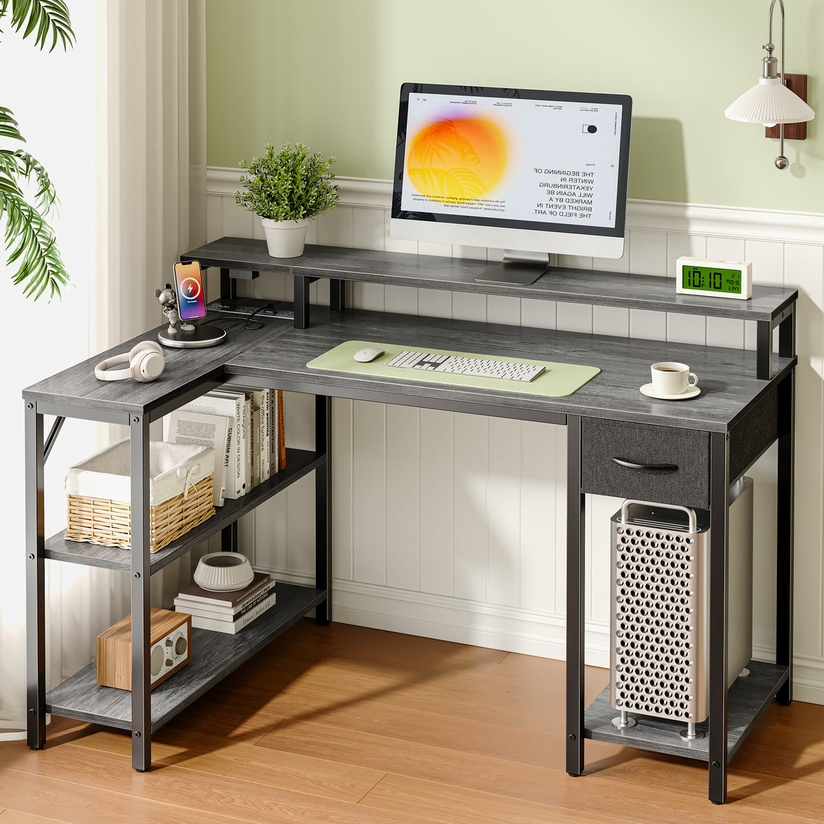 Amadwell 47 Inch L Shaped Desk with LED Strip, Corner Gaming Desk with Power Outlet, Drawer & Shelves, Gray