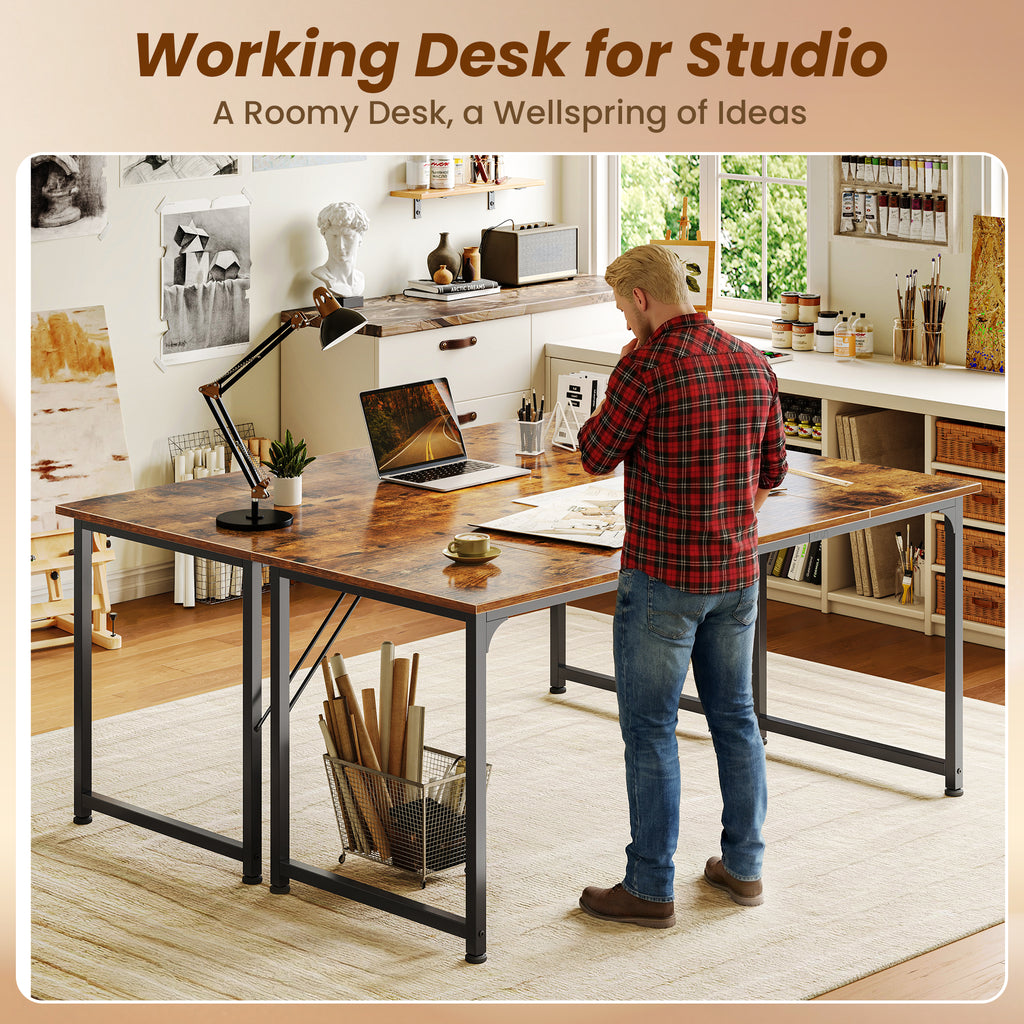 63" Computer Desk, Modern Office, Study & Gaming Desk with Storage, Large Legroom, Sturdy Metal Frame, Rustic Brown