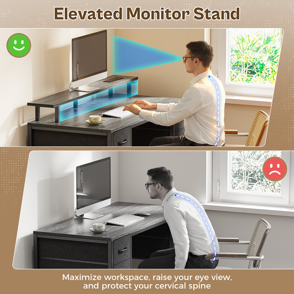 Amadwell 47" Gaming Computer Desk with LED Lights, Power Outlets, Home Office Writing Desk with 4 Drawers, Gray