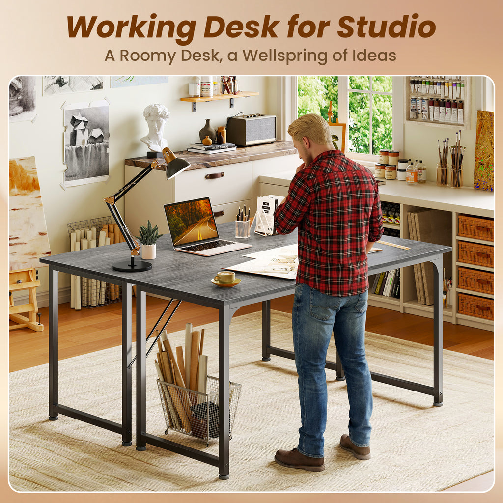 54" Computer Desk, Modern Office, Study & Gaming Desk with Storage, Large Legroom, Sturdy Metal Frame, Grey