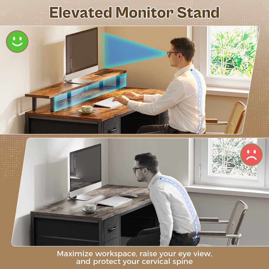 Amadwell 47" Gaming Computer Desk with LED Lights, Power Outlets, Home Office Writing Desk with 4 Drawers, Rustic Brown