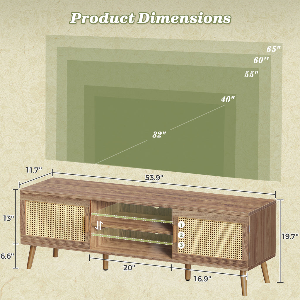 Amadwell Rattan TV Stand for 60" TVs, Adjustable Shelf, Natural Living Room Entertainment Center, Brown