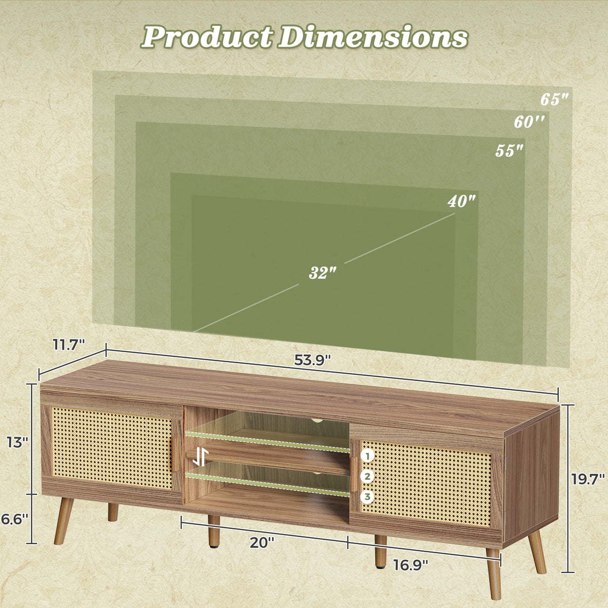 Amadwell Rattan TV Stand for 60" TVs, Adjustable Shelf, Natural Living Room Entertainment Center, Brown