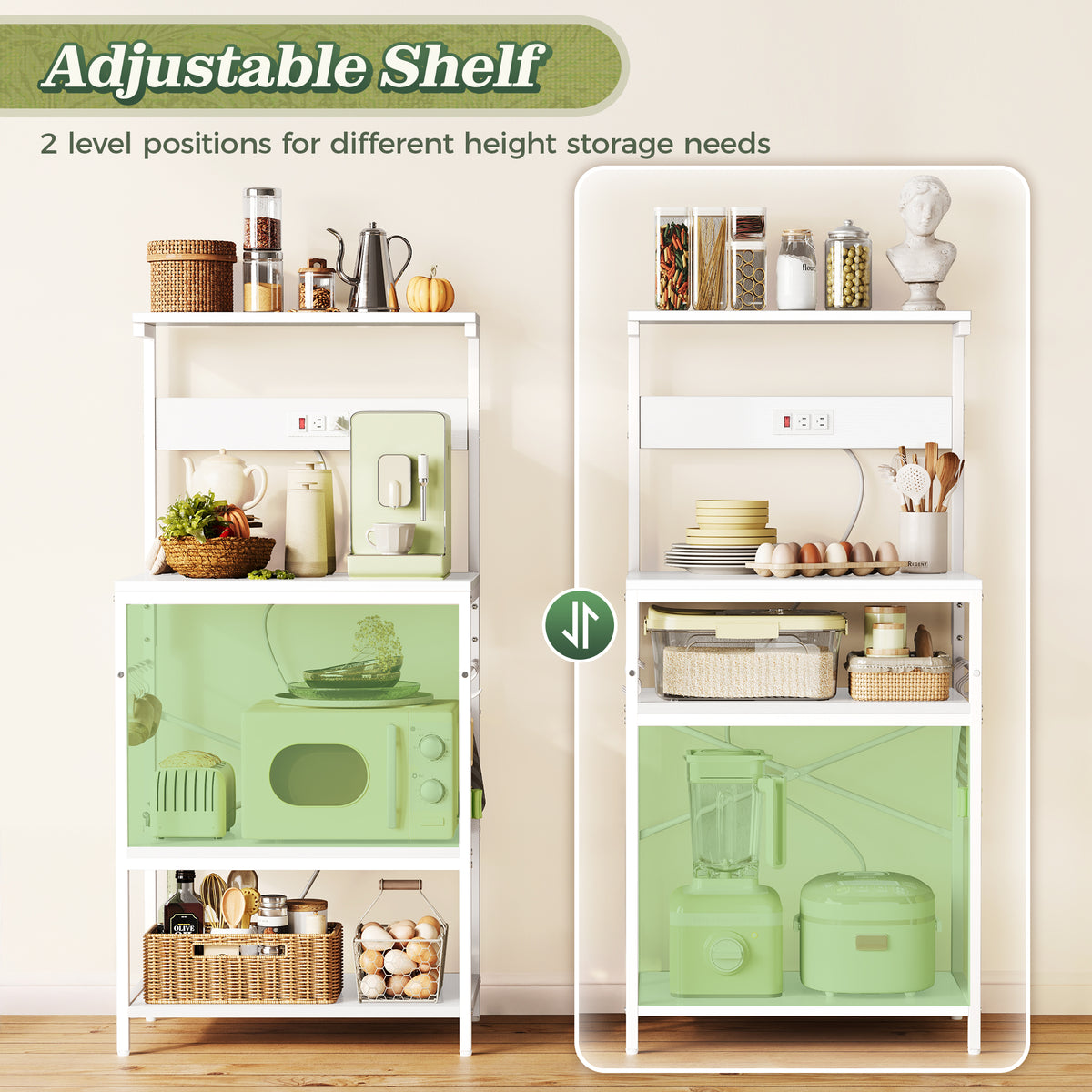 Amadwell 4-Tier Kitchen Storage Shelf Organizer Bakers Rack with Power Outlets, Coffee Bar & Microwave Stand, White