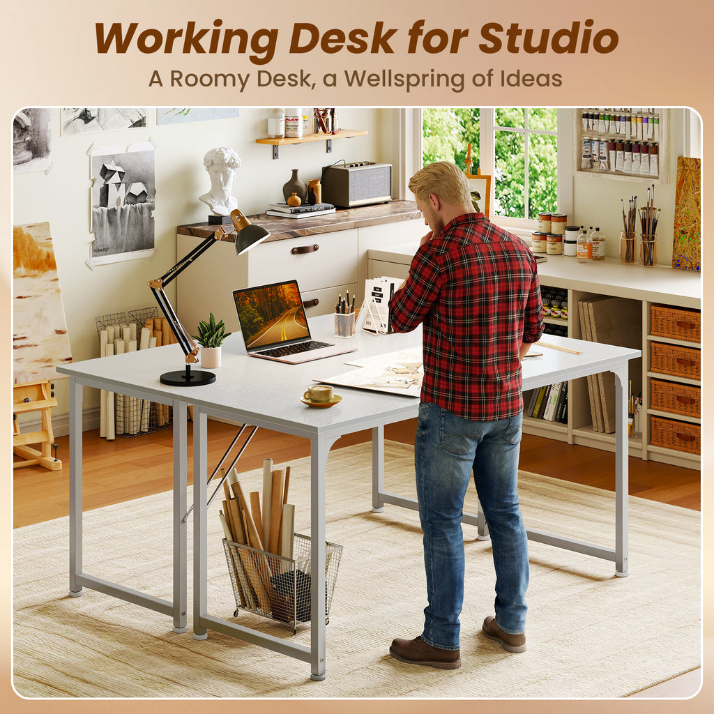 54" Computer Desk, Modern Office, Study & Gaming Desk with Storage, Large Legroom, Sturdy Metal Frame, White