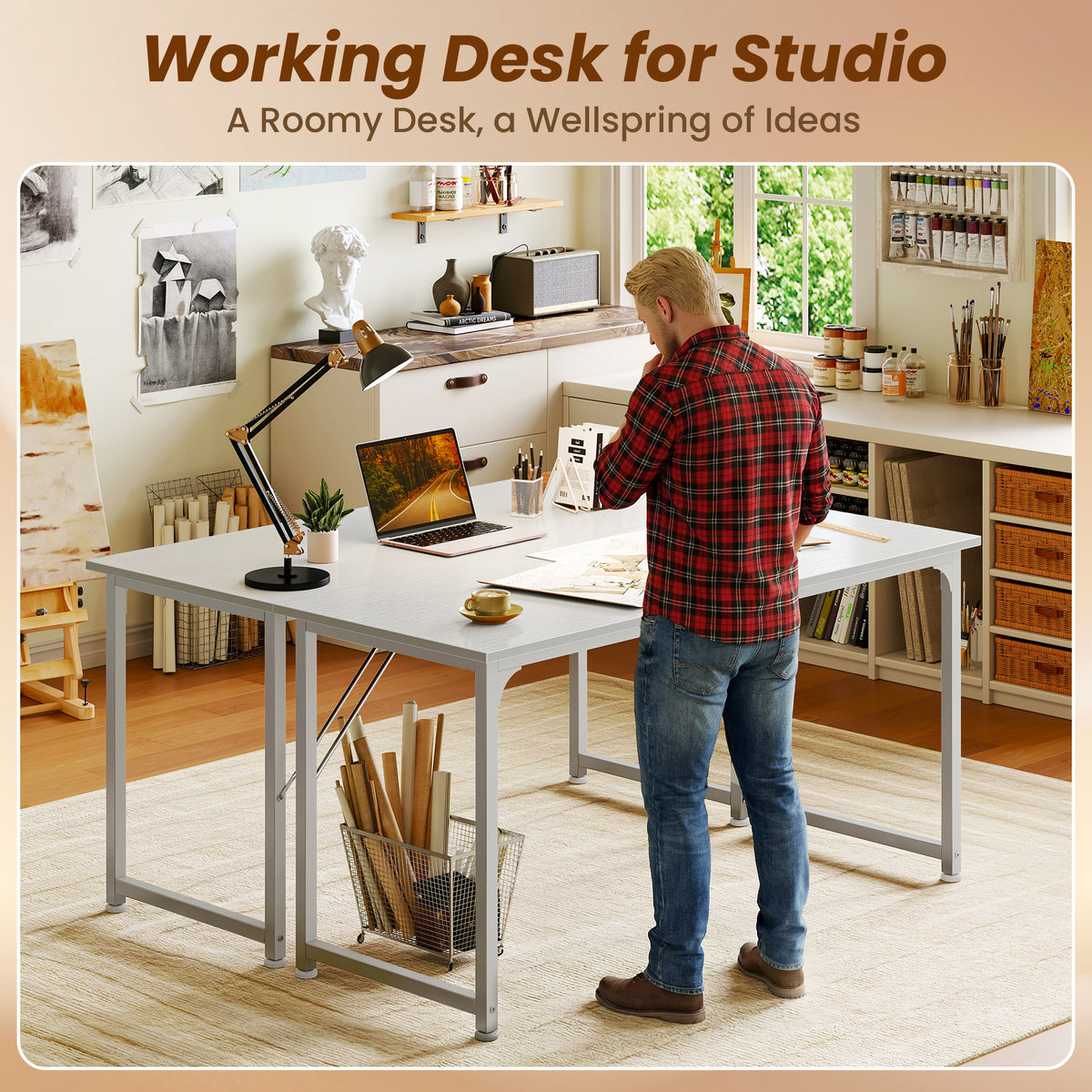 54" Computer Desk, Modern Office, Study & Gaming Desk with Storage, Large Legroom, Sturdy Metal Frame, White