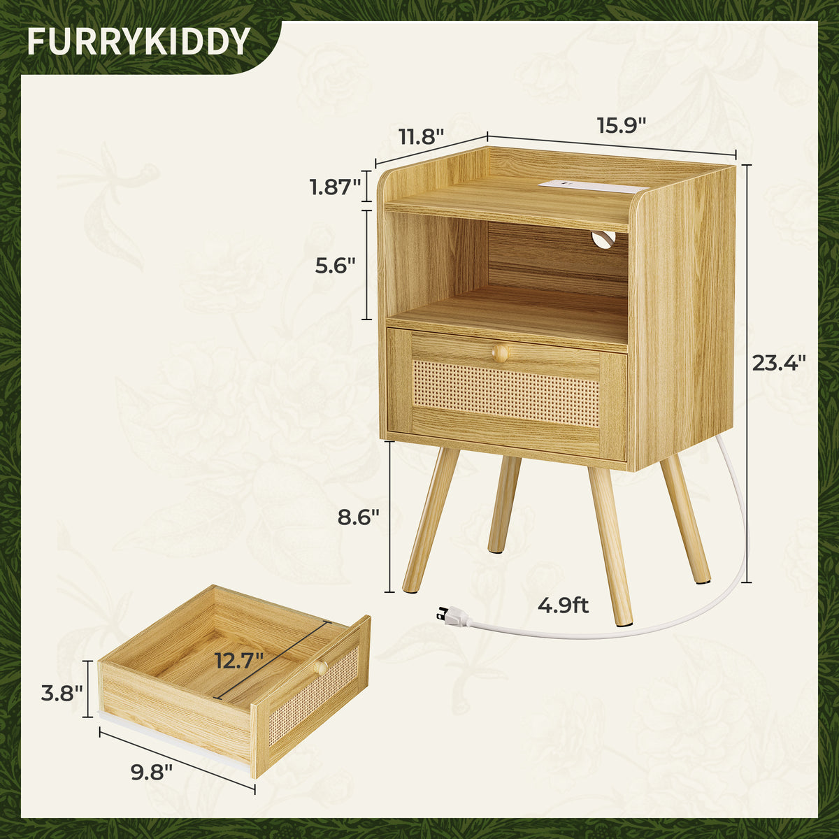 Amadwell Rattan Nightstands Set of 2, Bedside Tables with Charging Station, Storage Drawers & Solid Wood Feet for Bedroom, Yellow