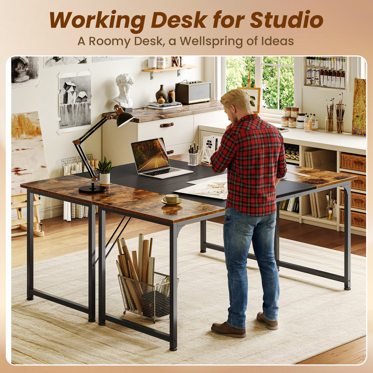 63" Computer Desk, Modern Office, Study & Gaming Desk with Storage, Large Legroom, Sturdy Metal Frame, Rustic Brown and Black