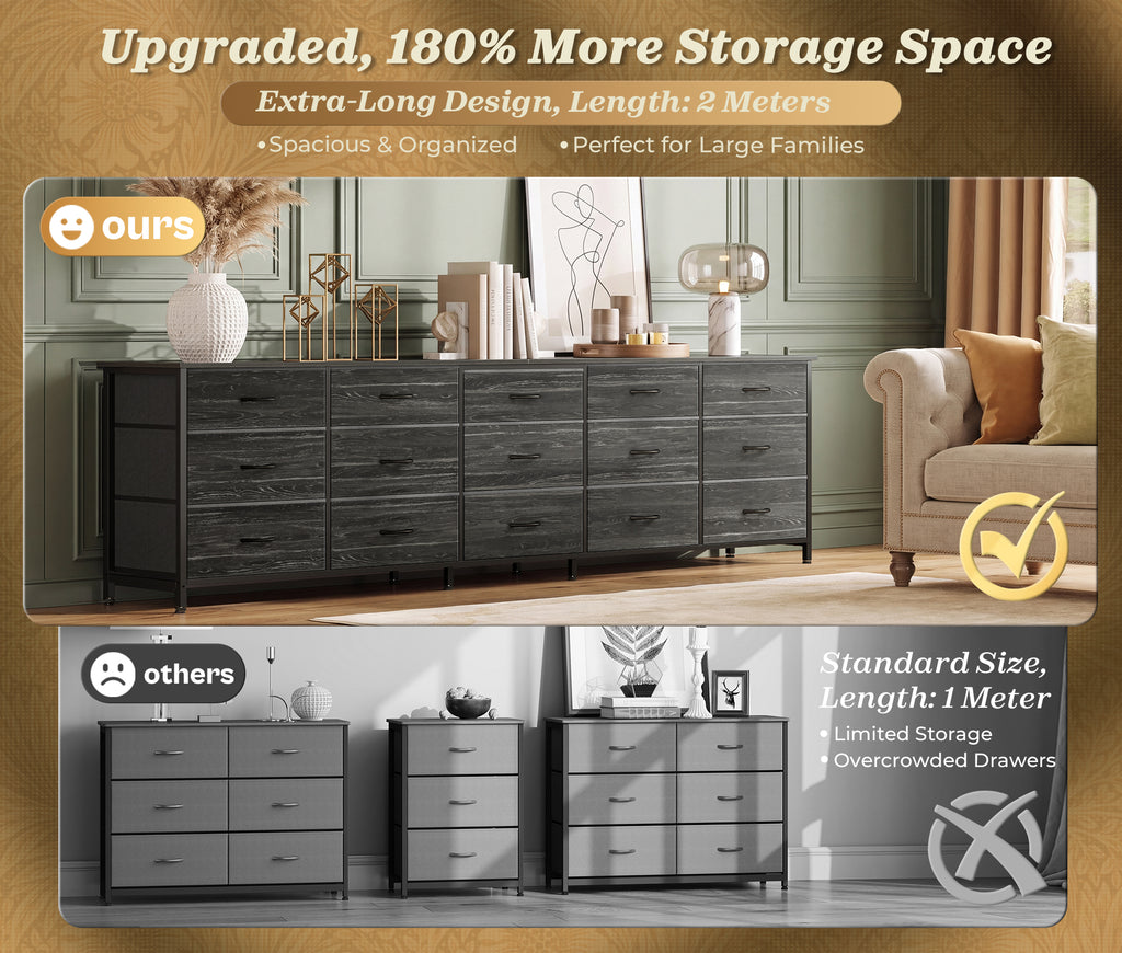 Amadwell 78.8 Inch Dresser with 15 Fabric Drawers, Large TV Stand for 65, 75, 85 Inch TV, Long Dresser for Bedroom, Entertainment Center for Living Room, Chest of Drawers & Storage, Charcoal Black