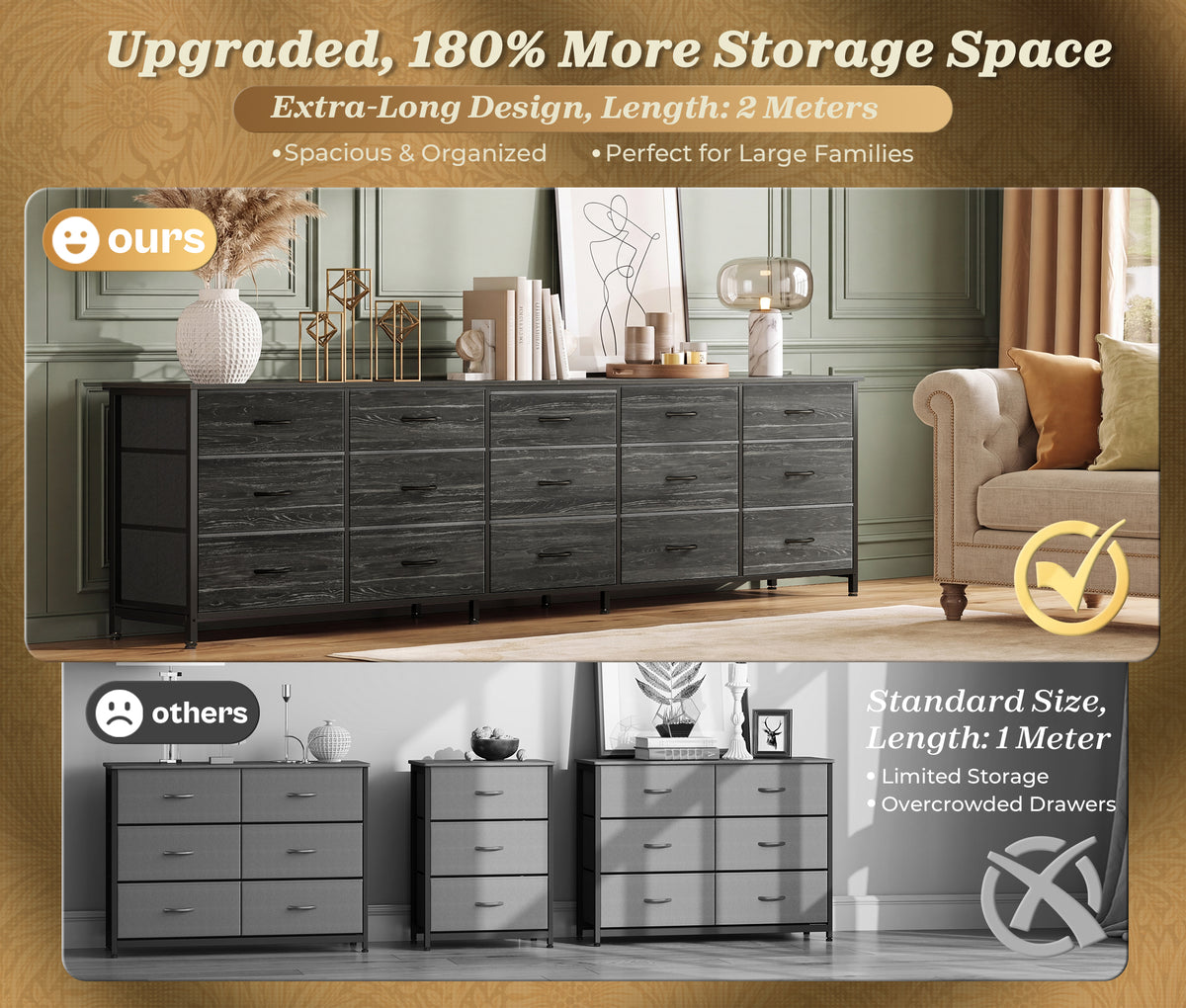 Amadwell 78.8 Inch Dresser with 15 Fabric Drawers, Large TV Stand for 65, 75, 85 Inch TV, Long Dresser for Bedroom, Entertainment Center for Living Room, Chest of Drawers & Storage, Charcoal Black