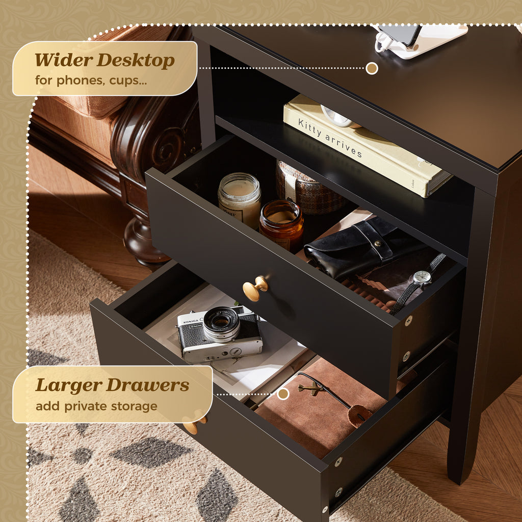 Amadwell Nightstand with Charging Station, Bedside End Table with 2 Drawers & Storage for Bedroom, Black