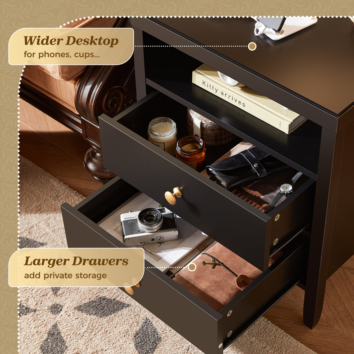 Amadwell Nightstand with Charging Station, Bedside End Table with 2 Drawers & Storage for Bedroom, Black