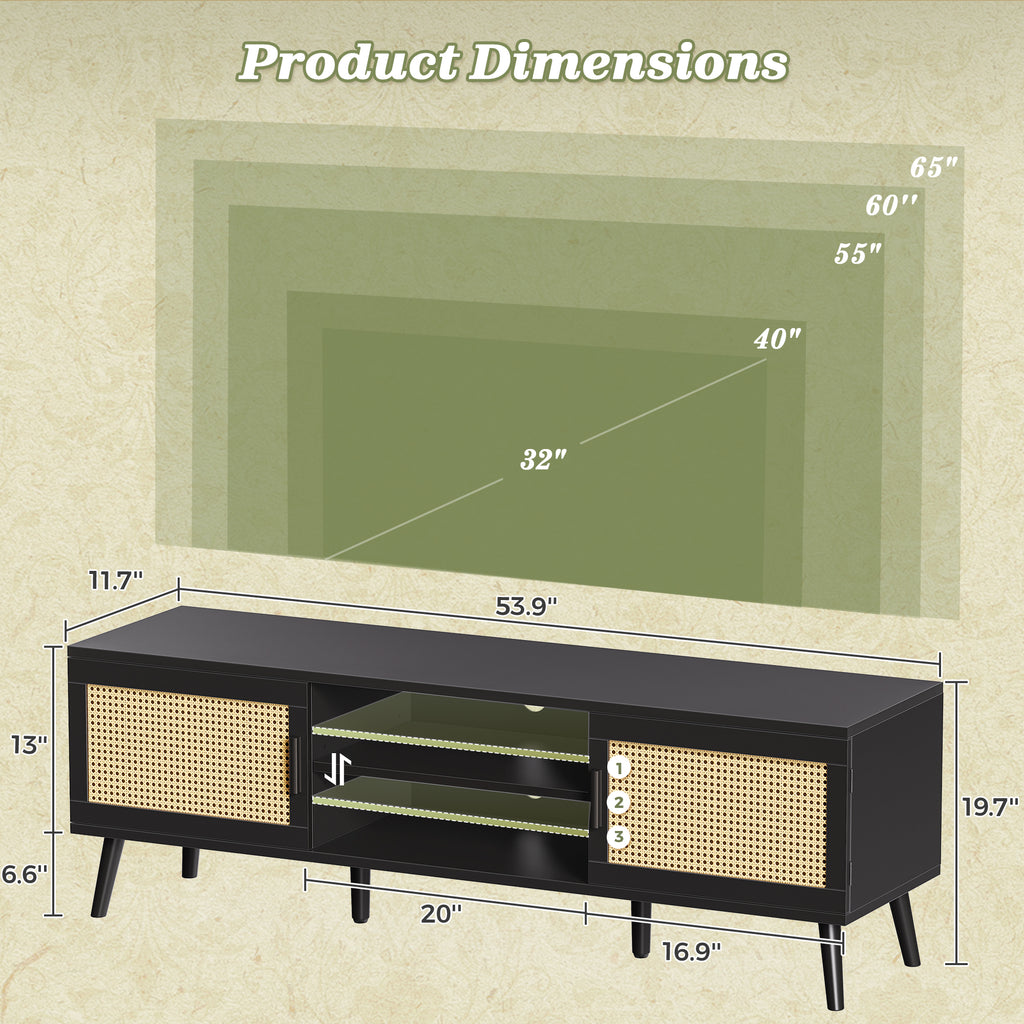 Amadwell Rattan TV Stand for 60" TVs, Adjustable Shelf, Natural Living Room Entertainment Center, Black