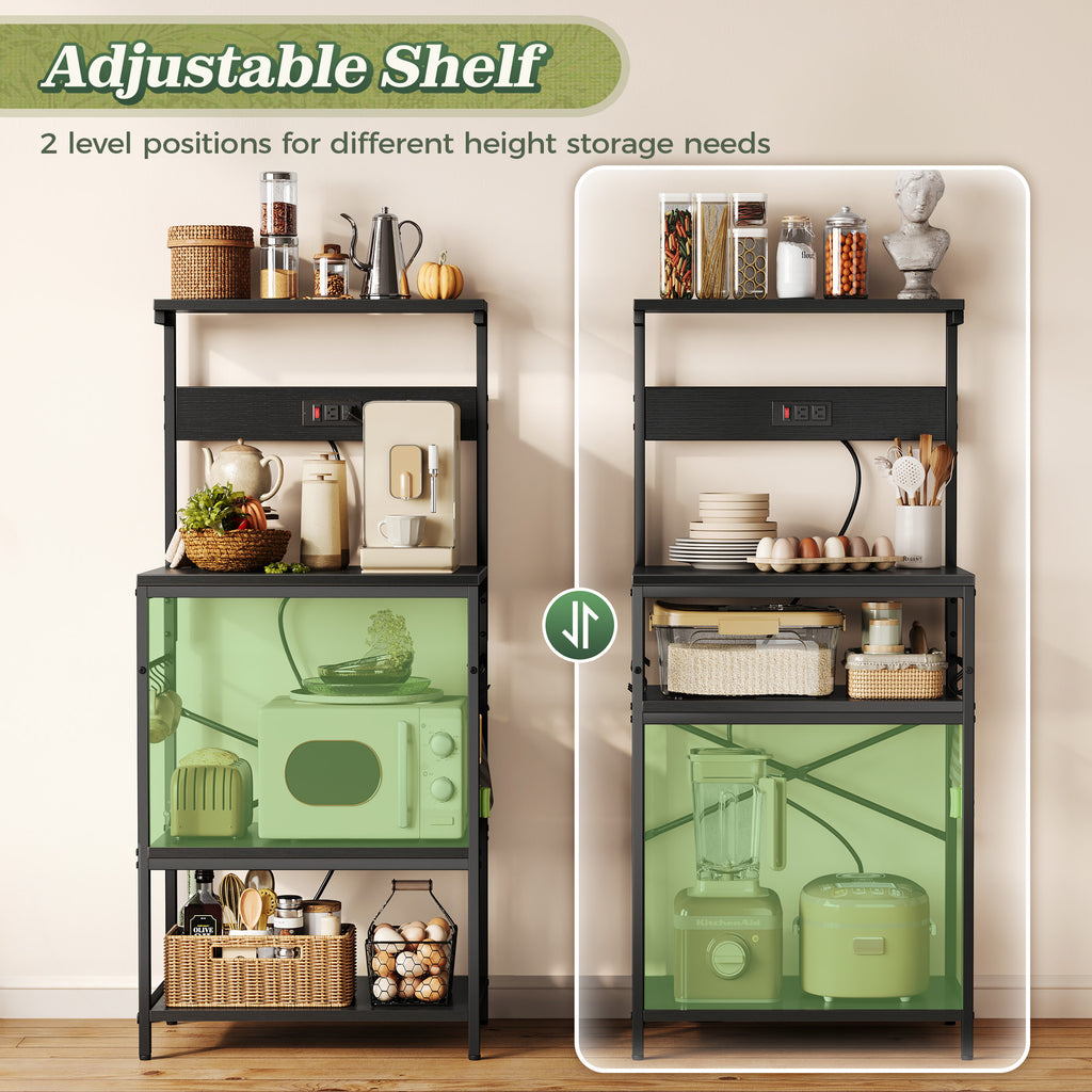 Amadwell 4-Tier Kitchen Storage Shelf Organizer Bakers Rack with Power Outlets, Coffee Bar & Microwave Stand, All Black