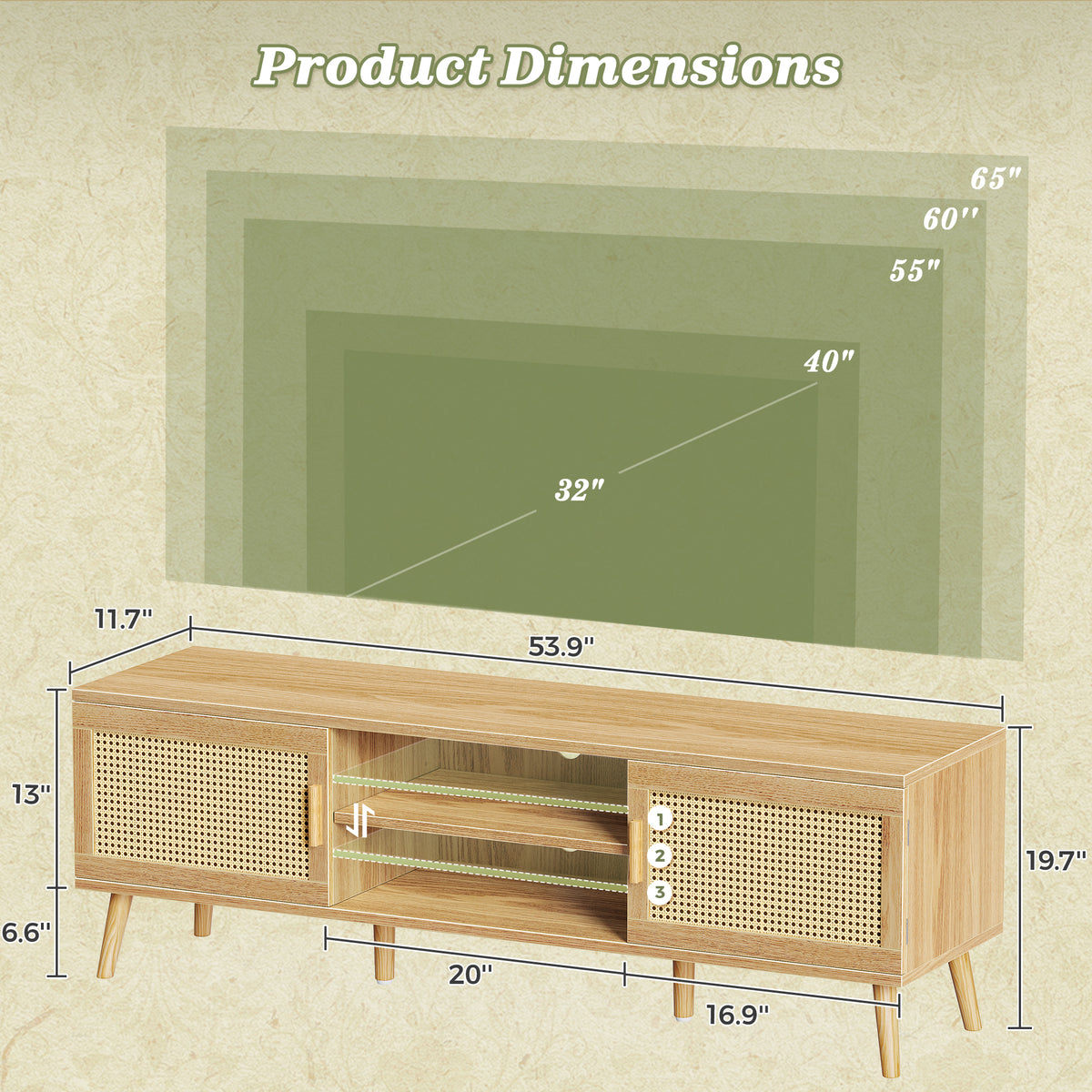 Amadwell Rattan TV Stand for 60" TVs, Adjustable Shelf, Natural Living Room Entertainment Center