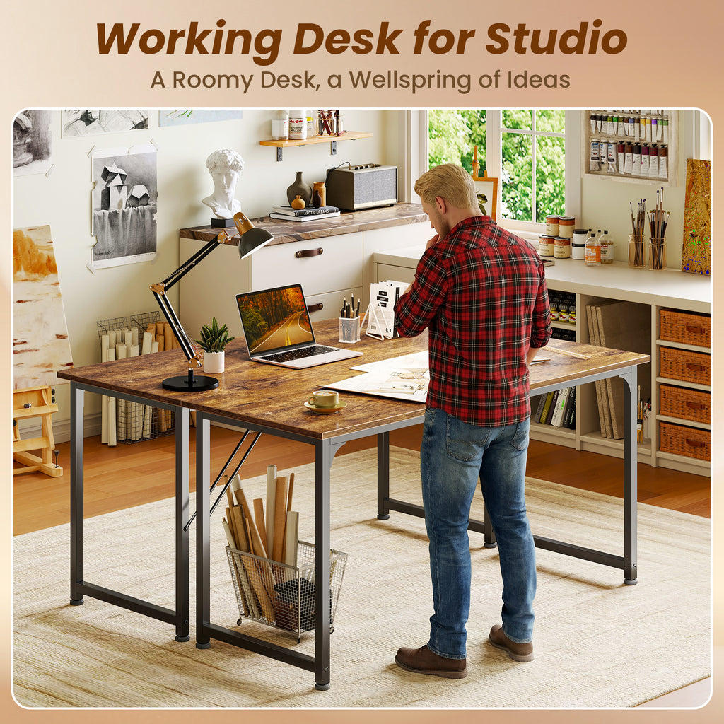 54" Computer Desk, Modern Office, Study & Gaming Desk with Storage, Large Legroom, Sturdy Metal Frame, Rustic Brown