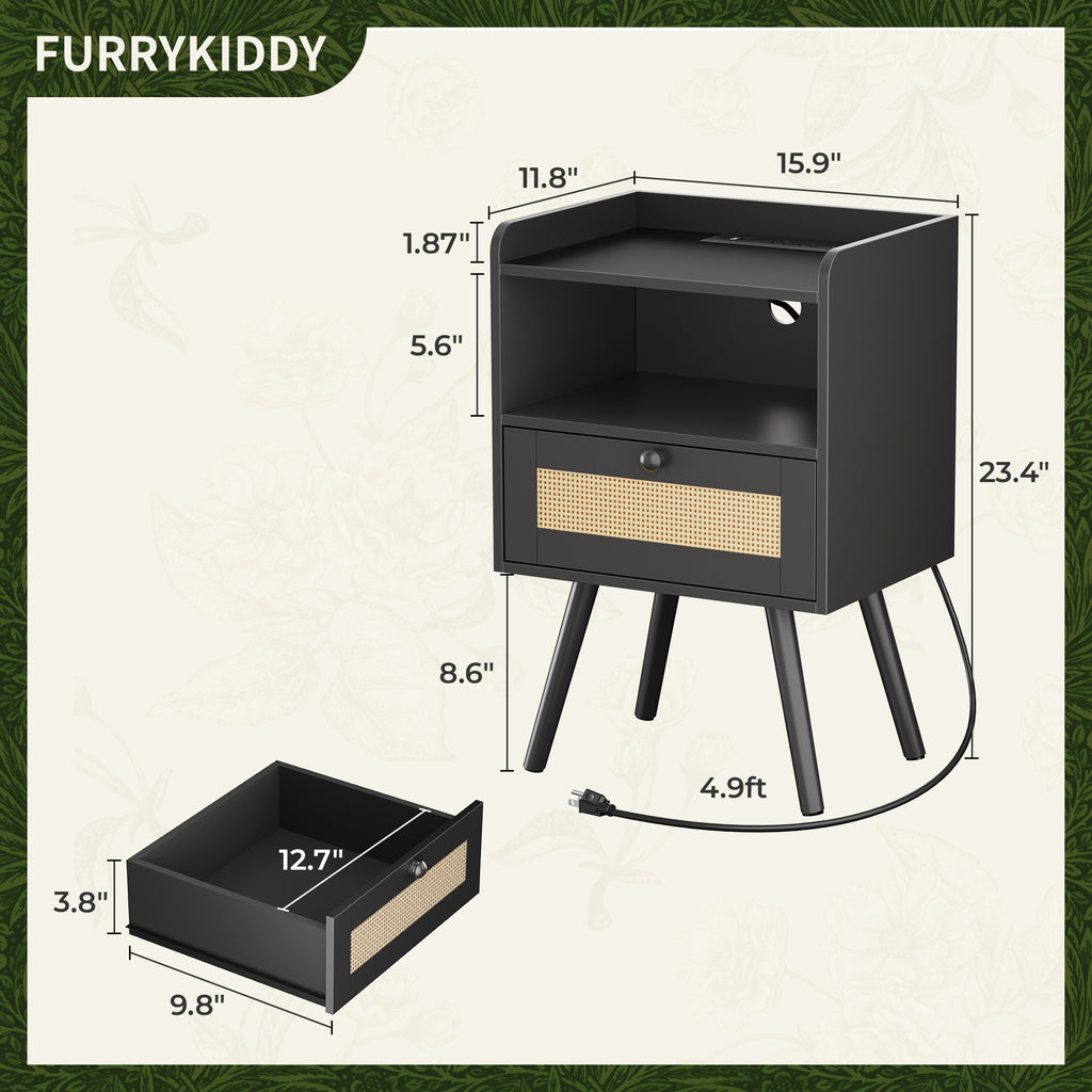 Amadwell Rattan Nightstands Set of 2, Bedside Tables with Charging Station, Storage Drawers & Solid Wood Feet for Bedroom, Black