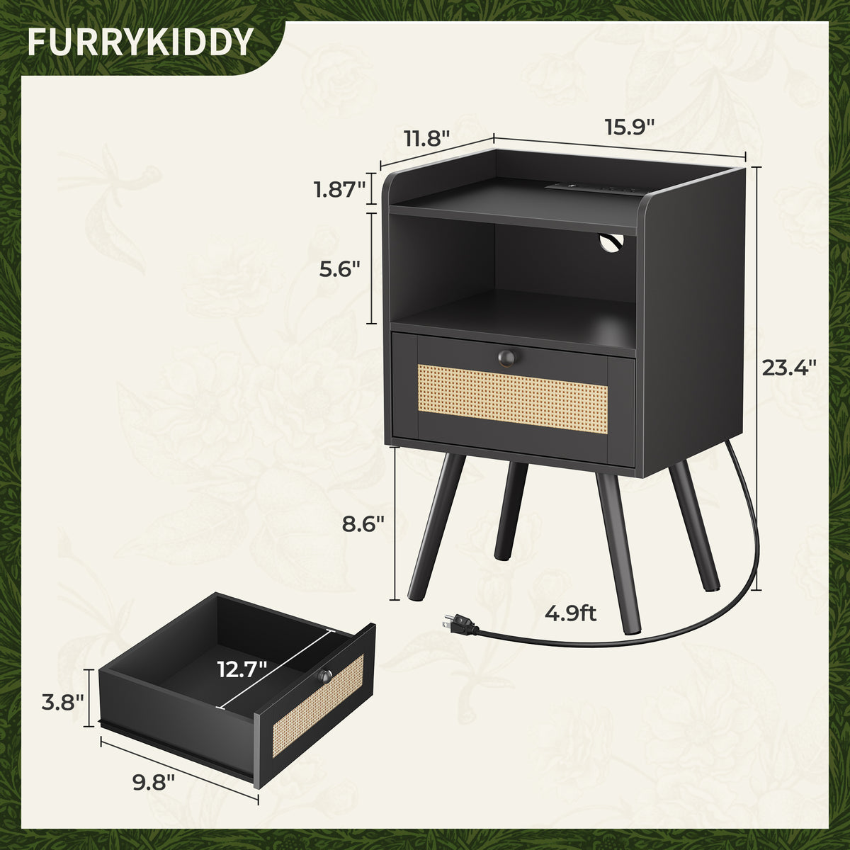 Amadwell Rattan Nightstands Set of 2, Bedside Tables with Charging Station, Storage Drawers & Solid Wood Feet for Bedroom, Black