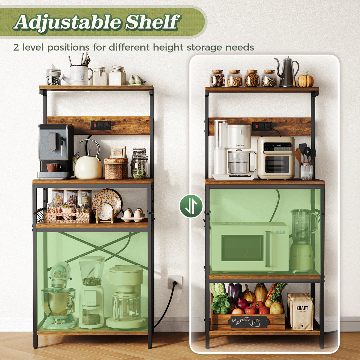 Amadwell 4-Tier Kitchen Storage Shelf Organizer Bakers Rack with Power Outlets, Coffee Bar & Microwave Stand, Brown