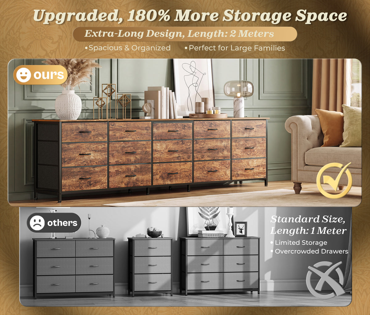 Amadwell 78.8 Inch Dresser with 15 Fabric Drawers, Large TV Stand for 65, 75, 85 Inch TV, Long Dresser for Bedroom, Entertainment Center for Living Room, Chest of Drawers & Storage, Rustic Brown