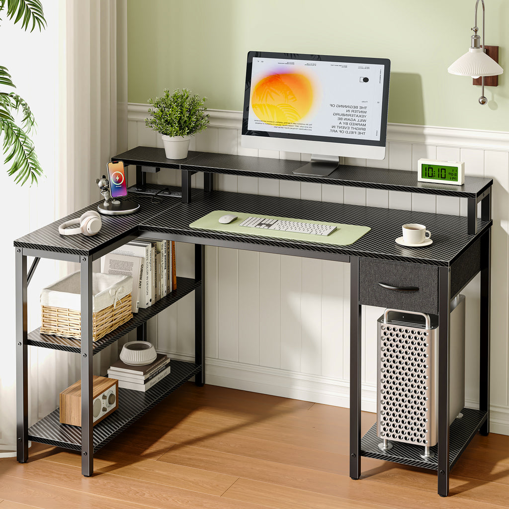 Amadwell 47 Inch L Shaped Desk with LED Strip, Corner Gaming Desk with Power Outlet, Drawer & Shelves, Black