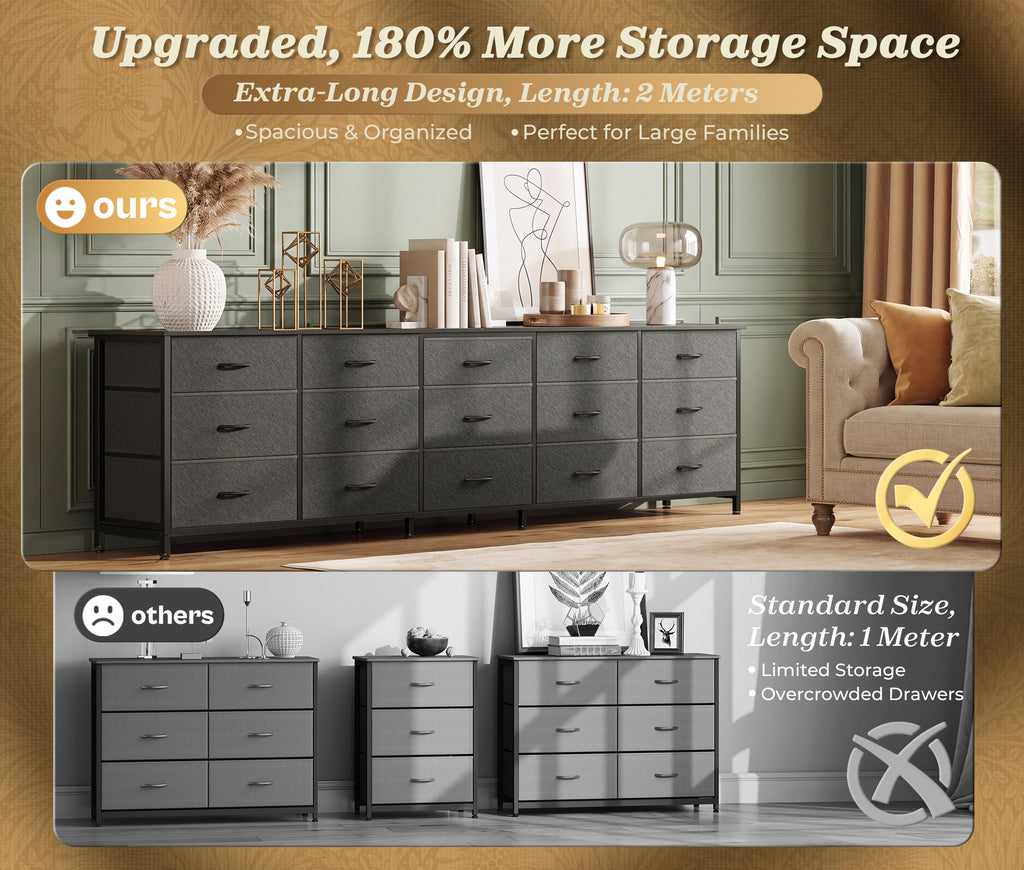 Amadwell 78.8 Inch Dresser with 15 Fabric Drawers, Large TV Stand for 65, 75, 85 Inch TV, Long Dresser for Bedroom, Entertainment Center for Living Room, Chest of Drawers & Storage,Black